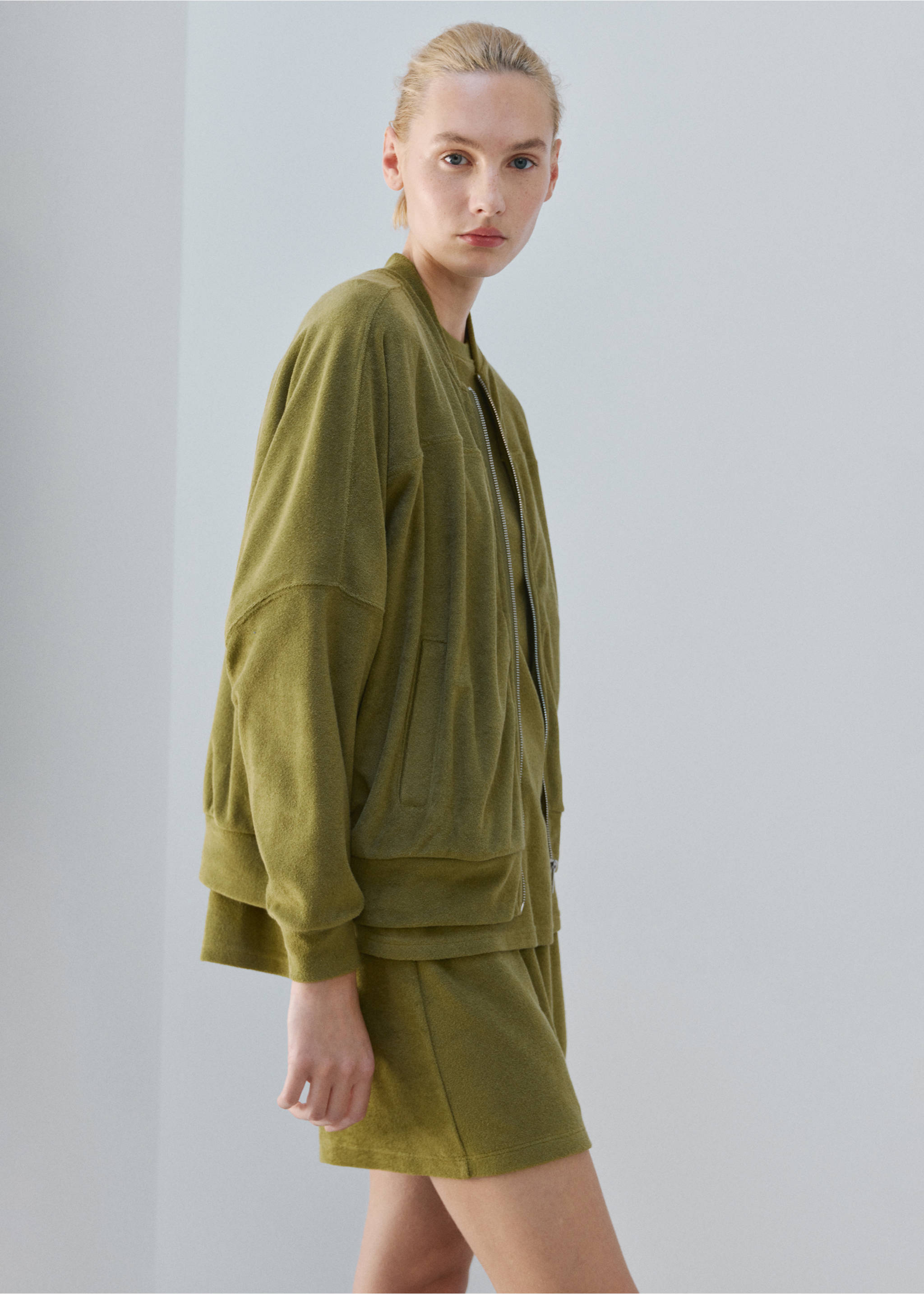 Terry cotton cardigan - Medium plane, Khaki. Ref: 27083328-00.