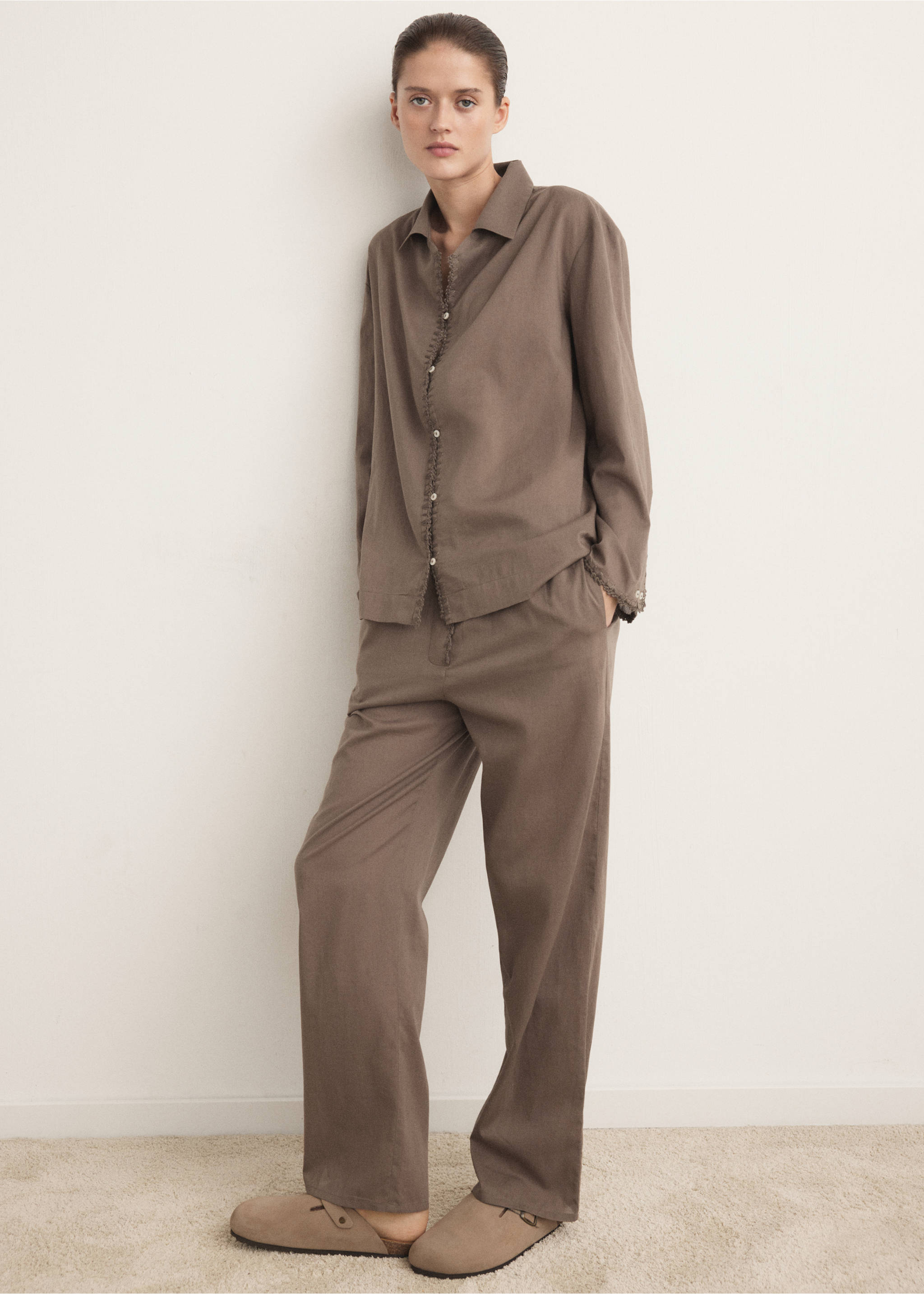 Long cotton pyjama top - General plane, Medium Brown. Ref: 27083329-00.