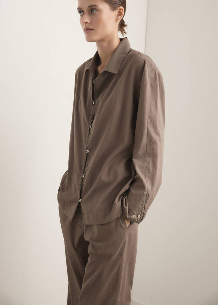 Long cotton pyjama top — Medium Brown