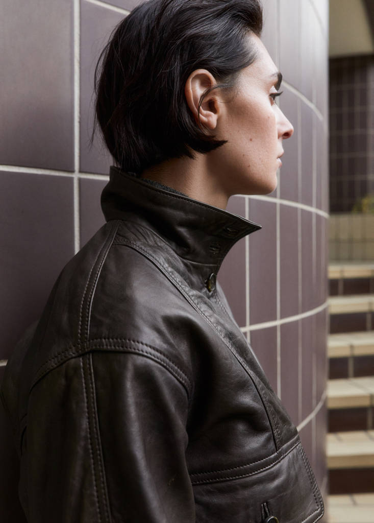 High-neck leather biker jacket — Brown