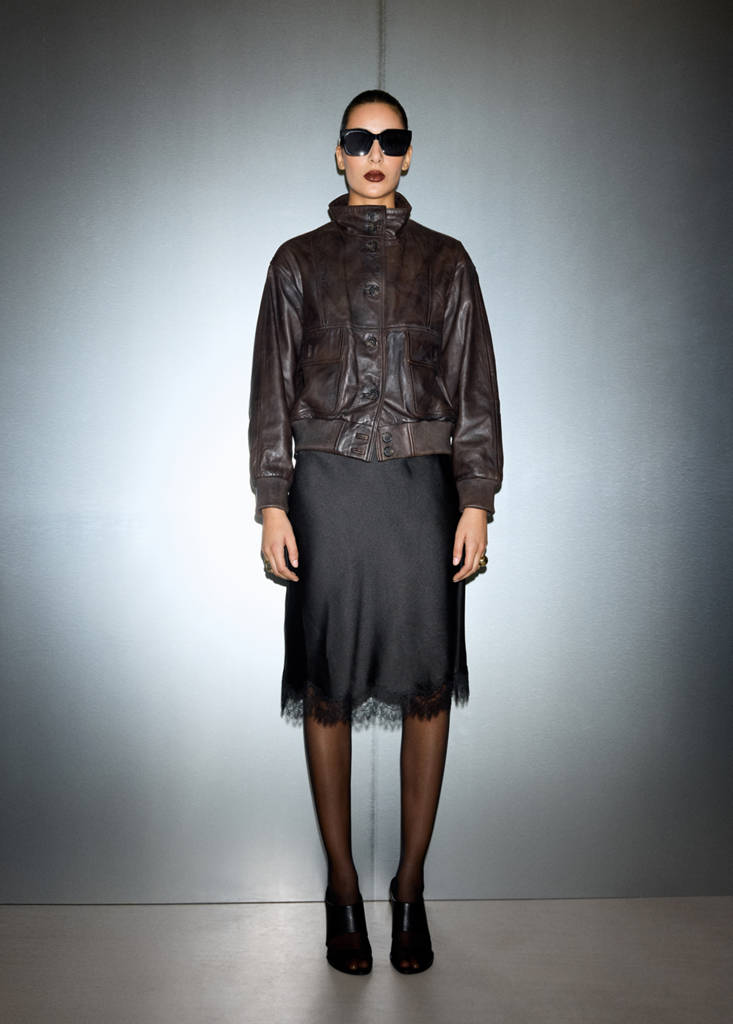 High-neck leather biker jacket — Brown