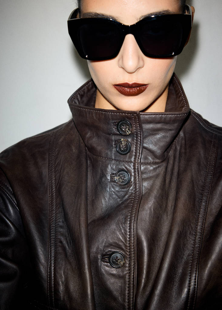 High-neck leather biker jacket — Brown