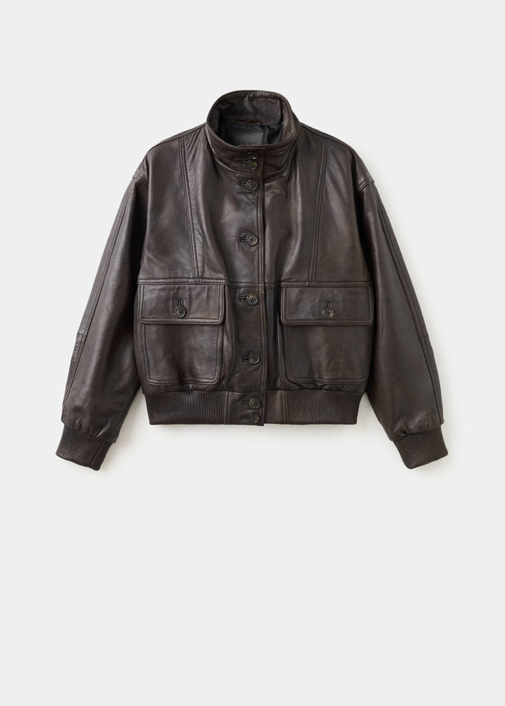 High-neck leather biker jacket — Brown