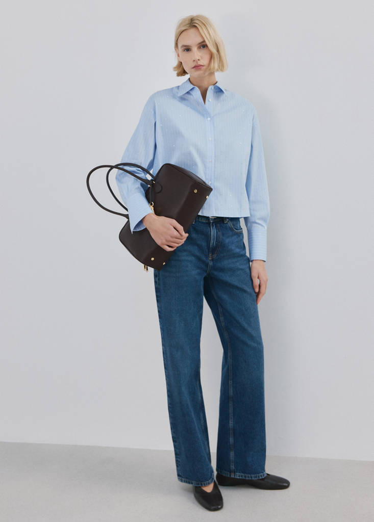 Rhinestone striped cropped shirt — Sky Blue