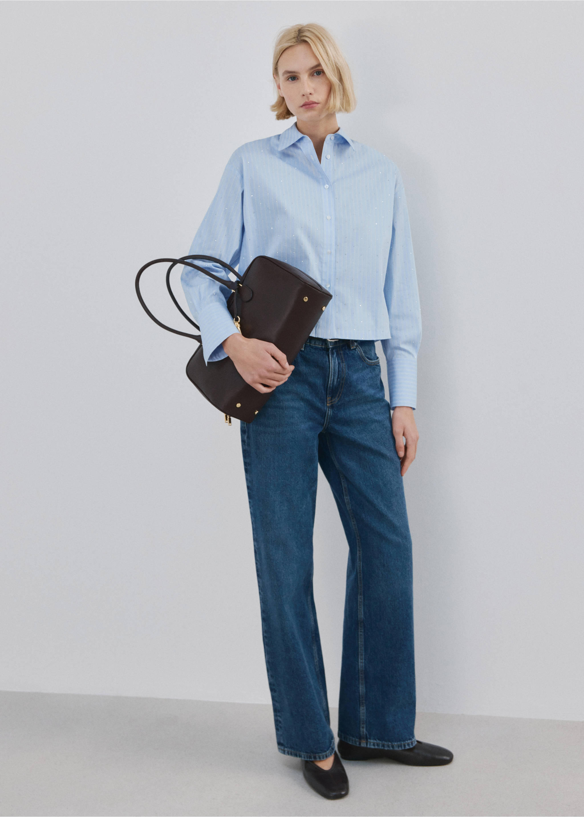 条纹亮片短款衬衫 - null, 天蓝. Ref: 27084078-00.