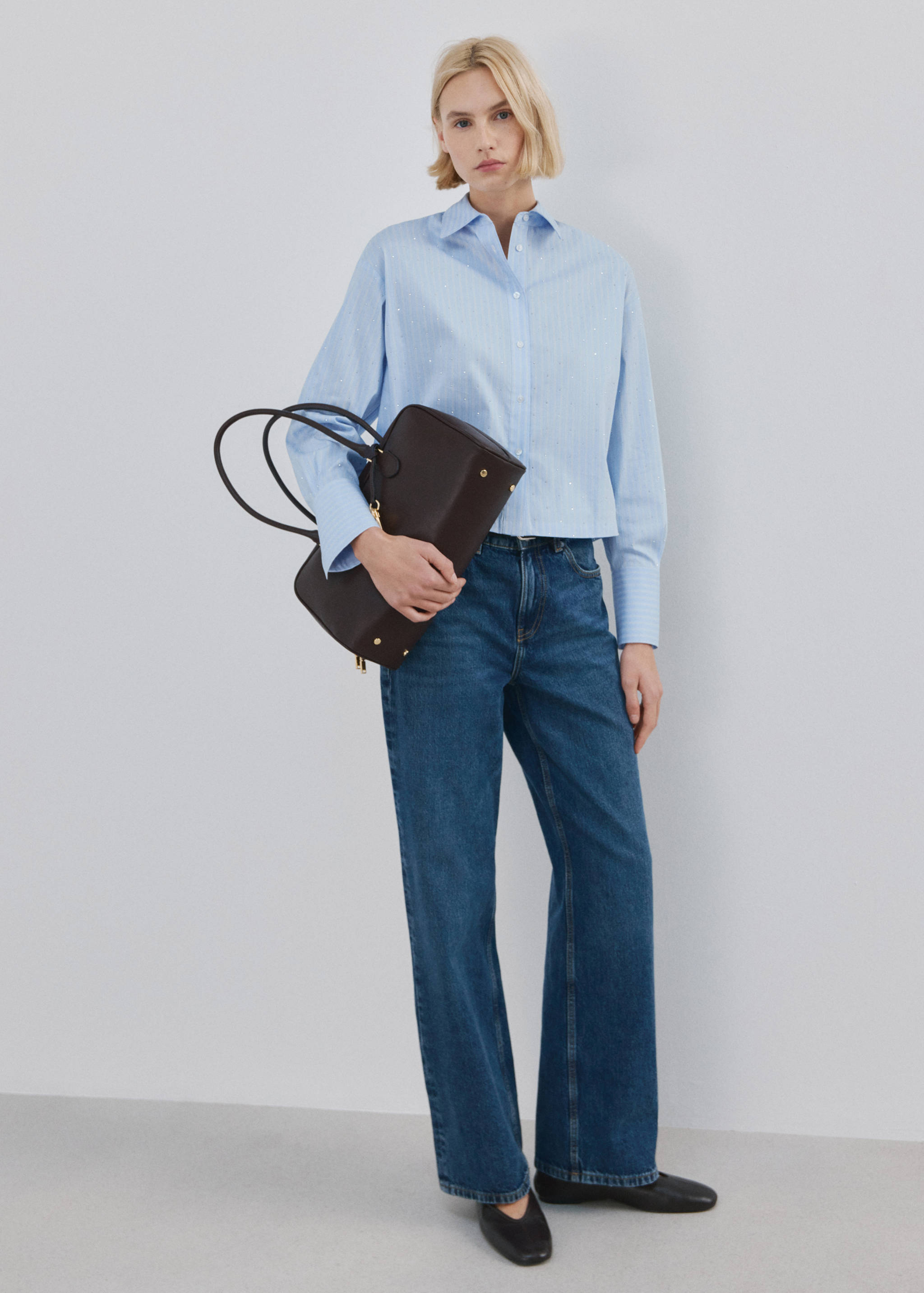 条纹亮片短款衬衫 - null