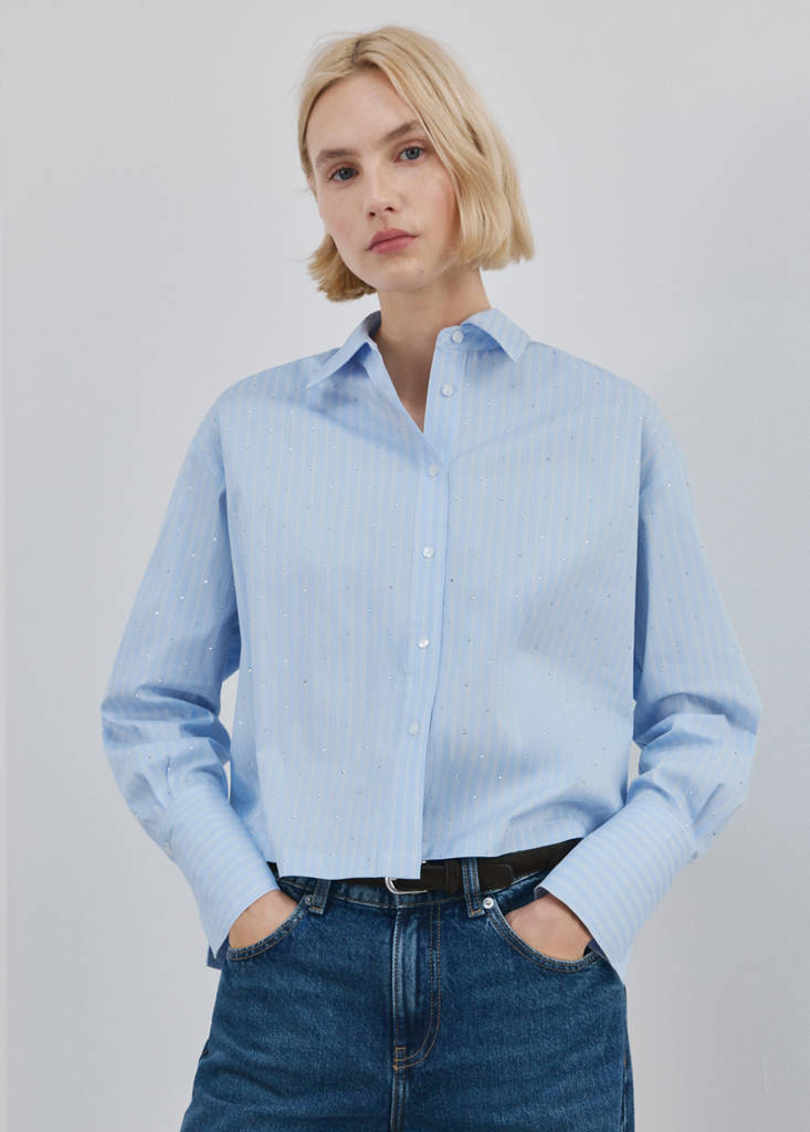 Rhinestone striped cropped shirt — Sky Blue