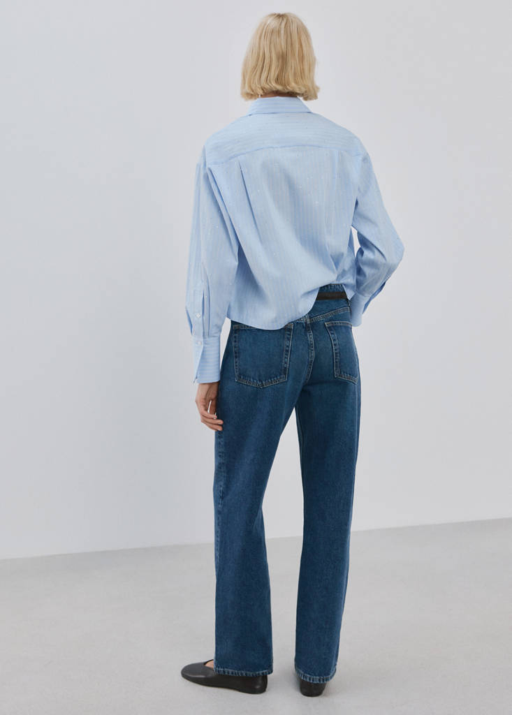 Rhinestone striped cropped shirt — Sky Blue