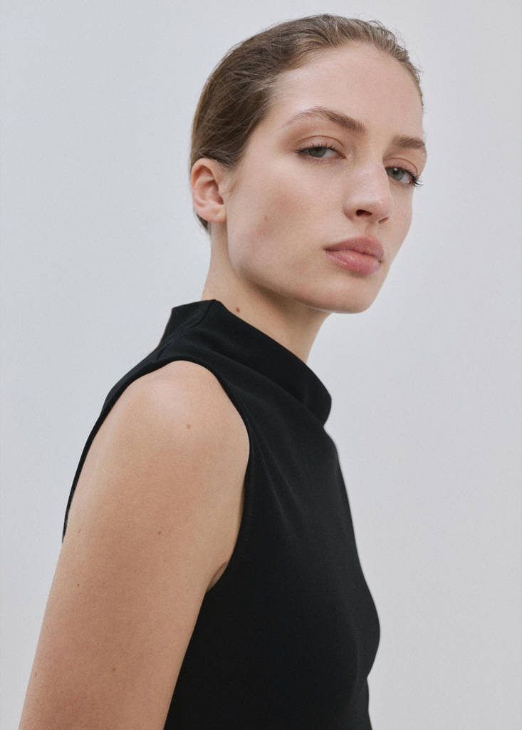 Asymmetrical-neck midi-dress