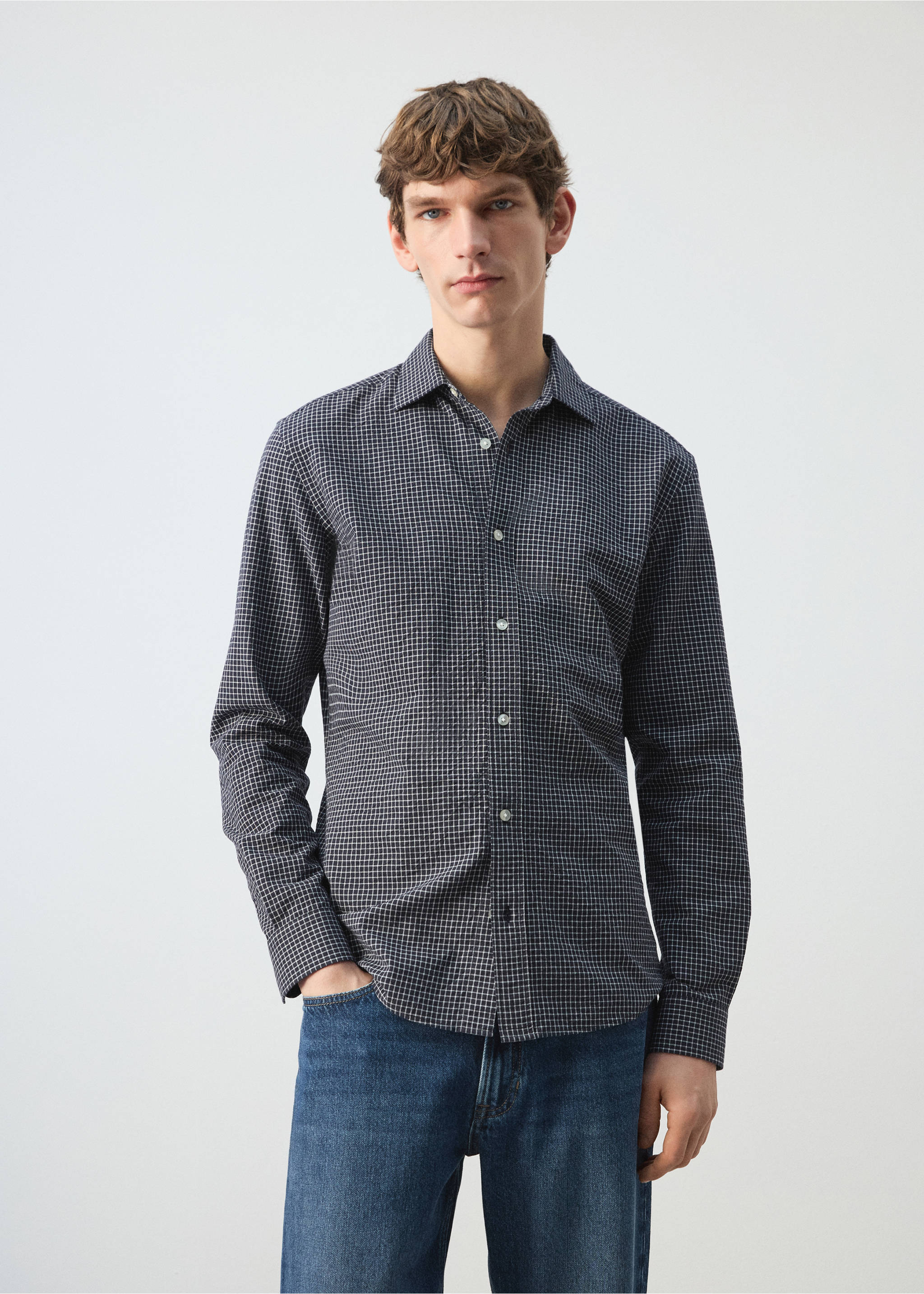 Chemise regular fit à carreaux en coton - Plan moyen, Bleu marine. Ref: 27084424-00.