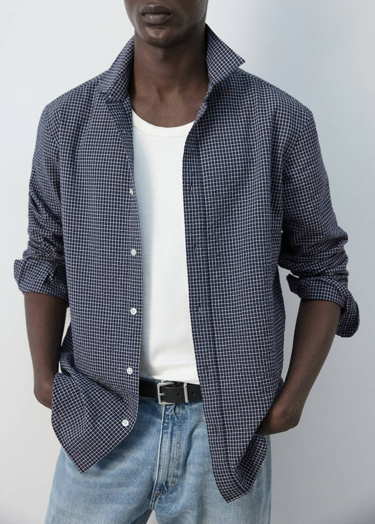 Regular fit check cotton shirt — Navy