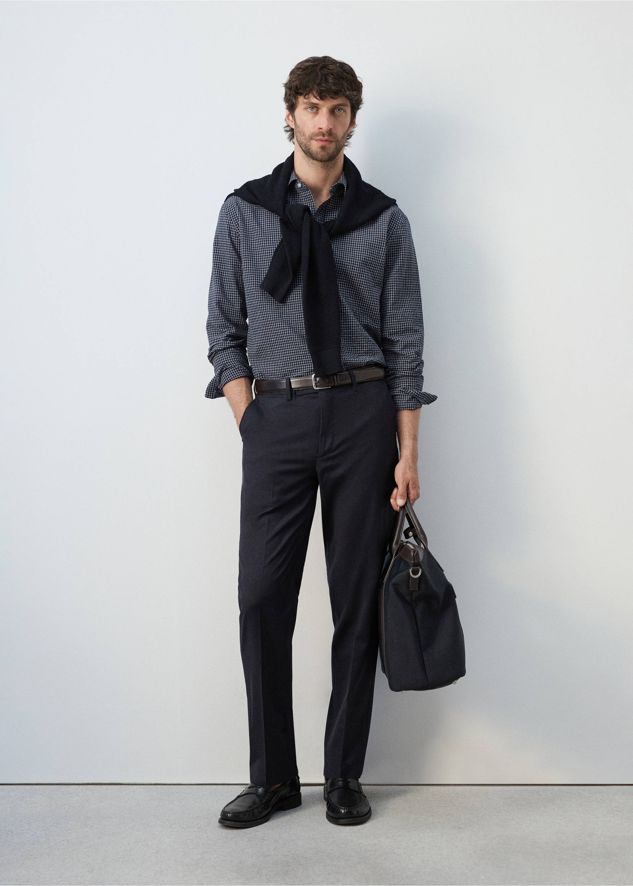 قميص قطني بطباعة مربعات منتظم - رؤية عامة, أزرق غامق. Ref: 27084424-02.