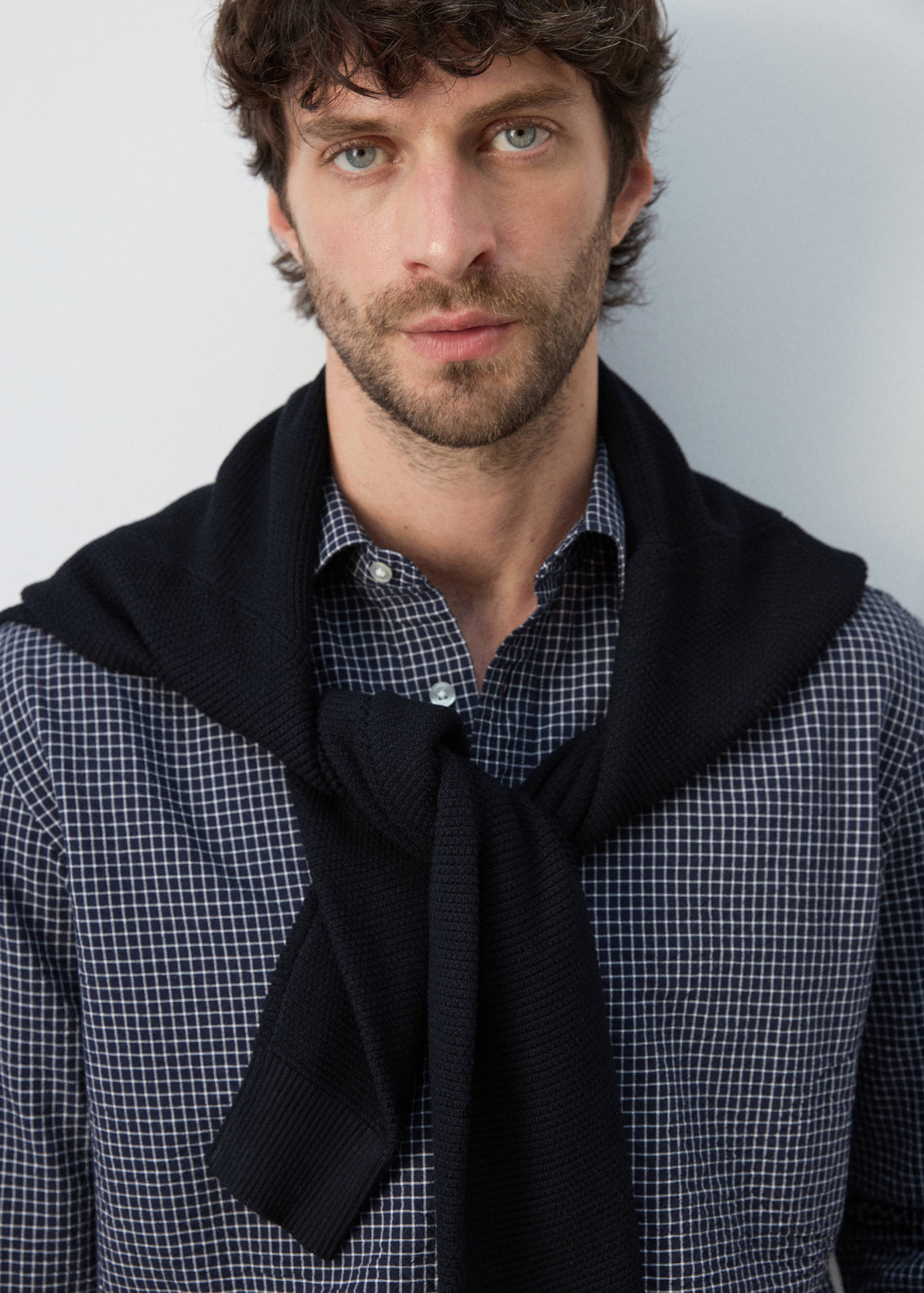 قميص قطني بطباعة مربعات منتظم - رؤية وسط