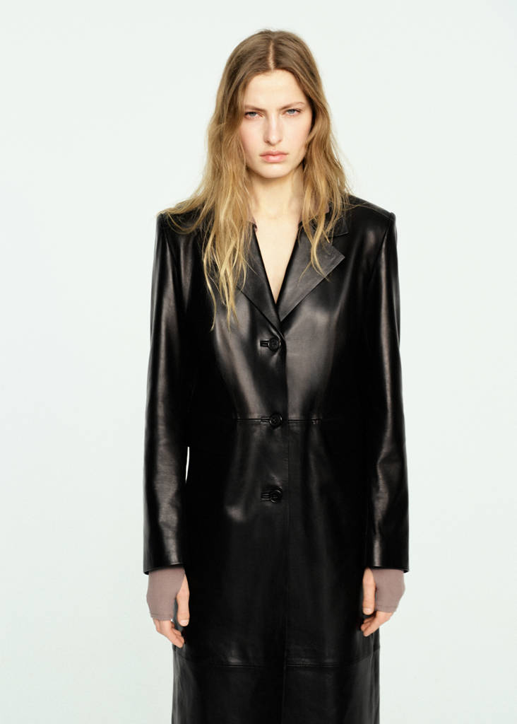 Straight leather coat with pockets — Black
