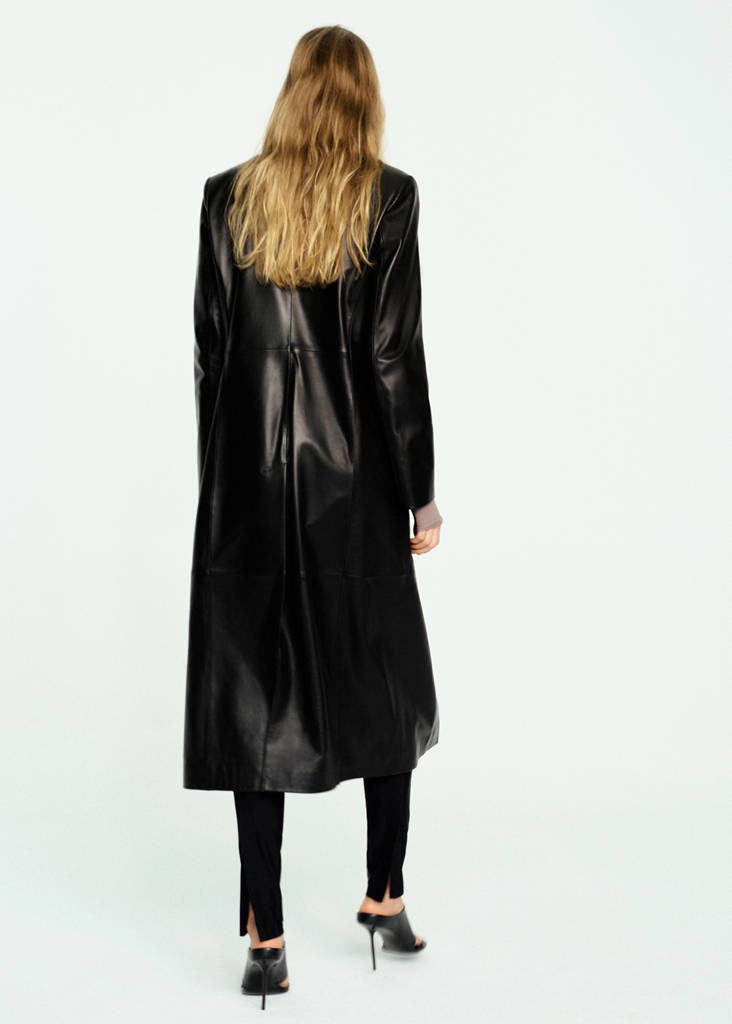 Straight leather coat with pockets — Black