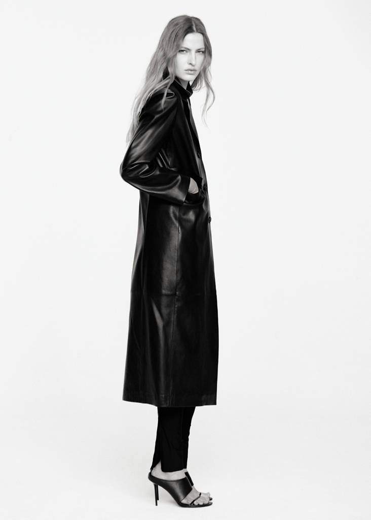 Straight leather coat with pockets — Black