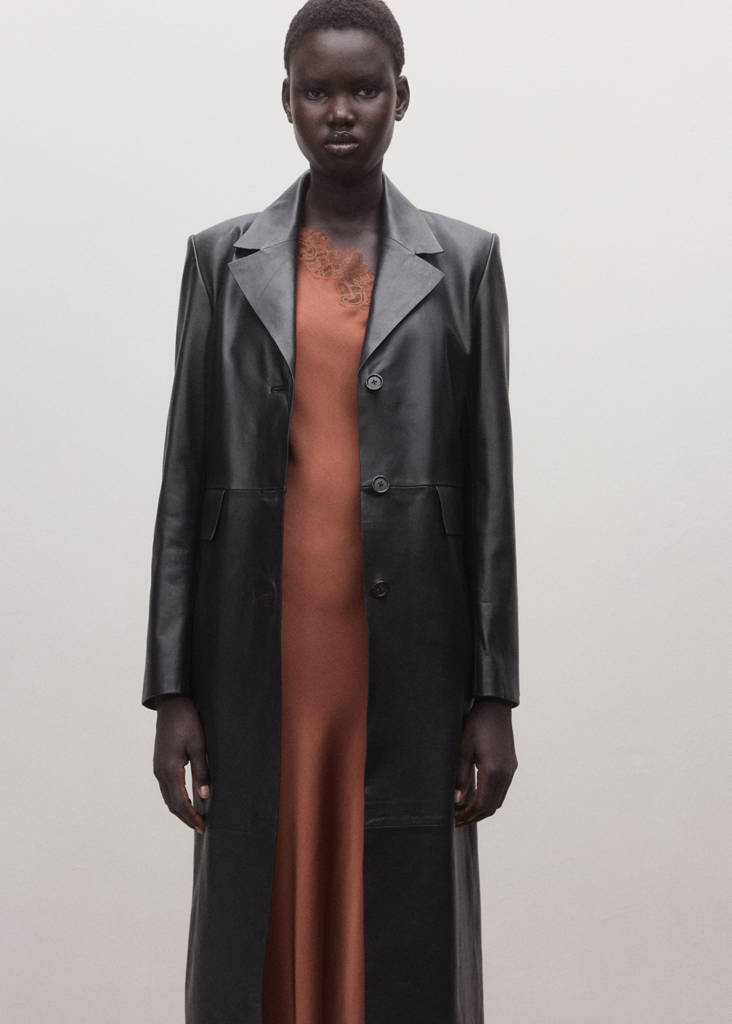 Straight leather coat with pockets — Black