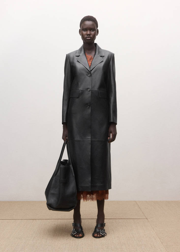 Straight leather coat with pockets — Black