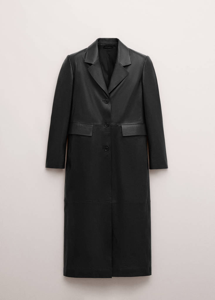 Straight leather coat with pockets — Black