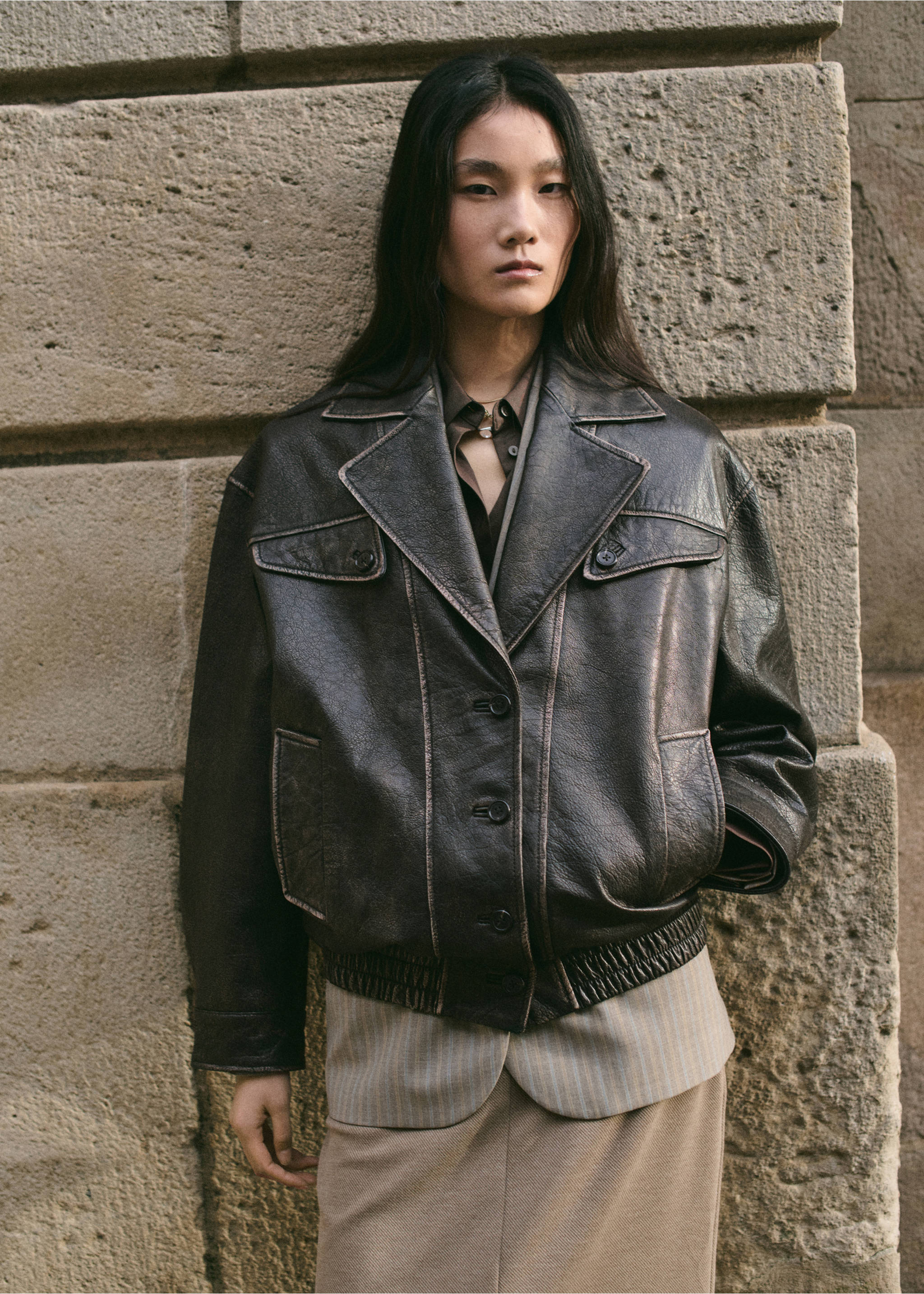 Oversized leather jacket with lapels - Medium plane, Brown. Ref: 27084772-00.