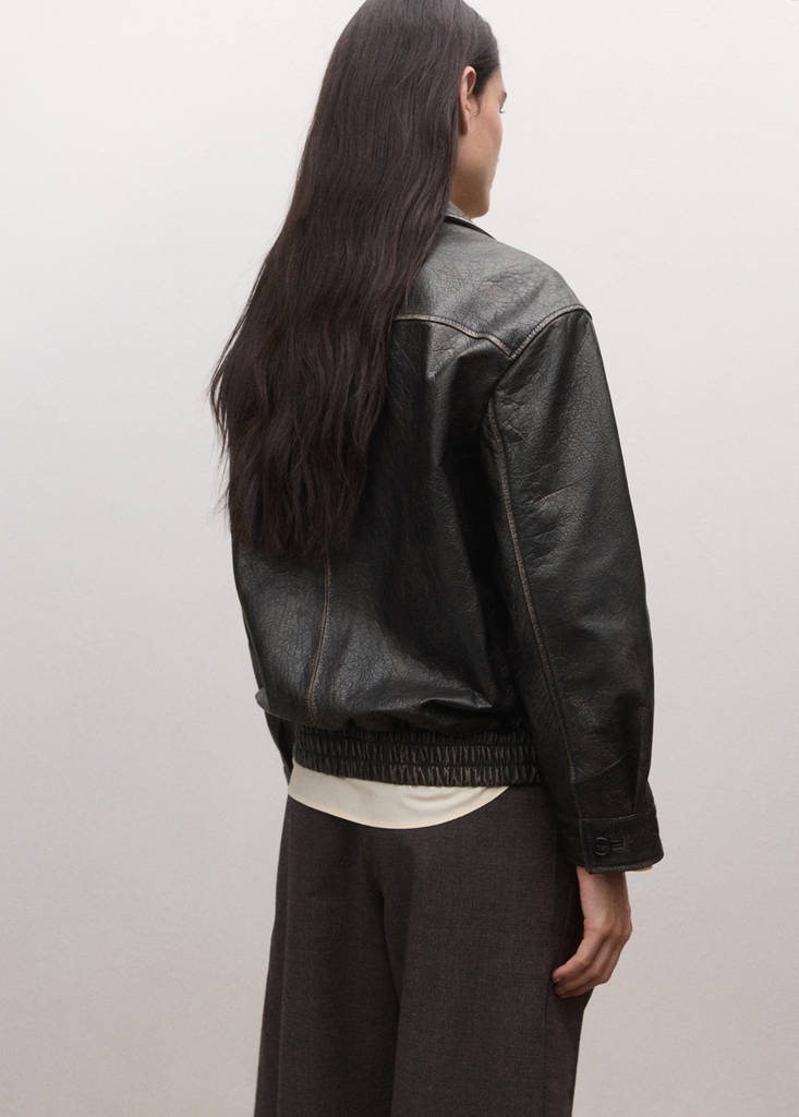 Oversized leather jacket with lapels — Brown