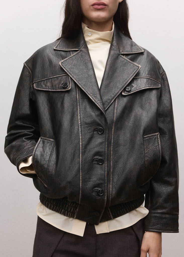 Oversized leather jacket with lapels — Brown