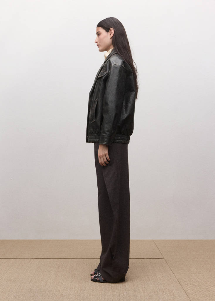 Oversized leather jacket with lapels — Brown