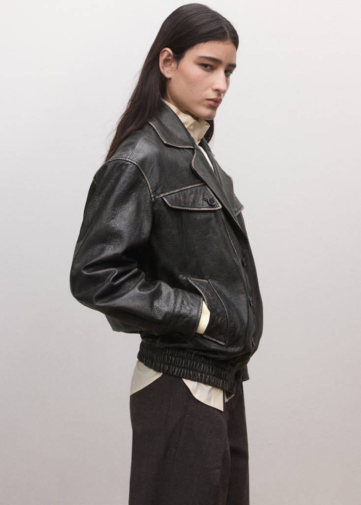 Oversized leather jacket with lapels — Brown