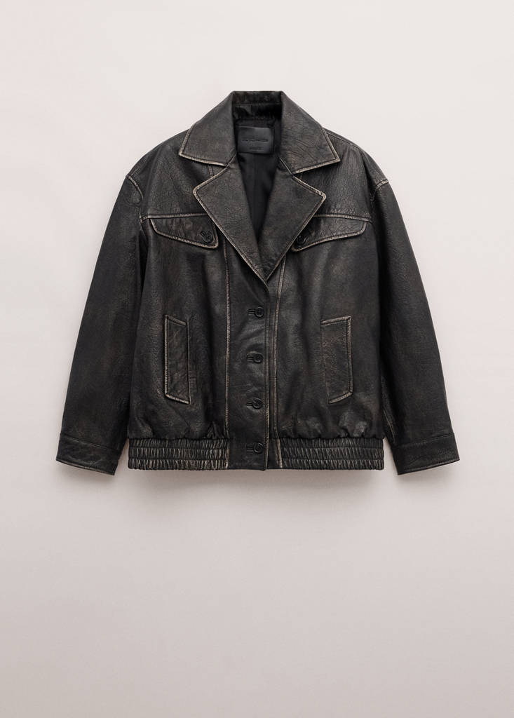 Oversized leather jacket with lapels — Brown