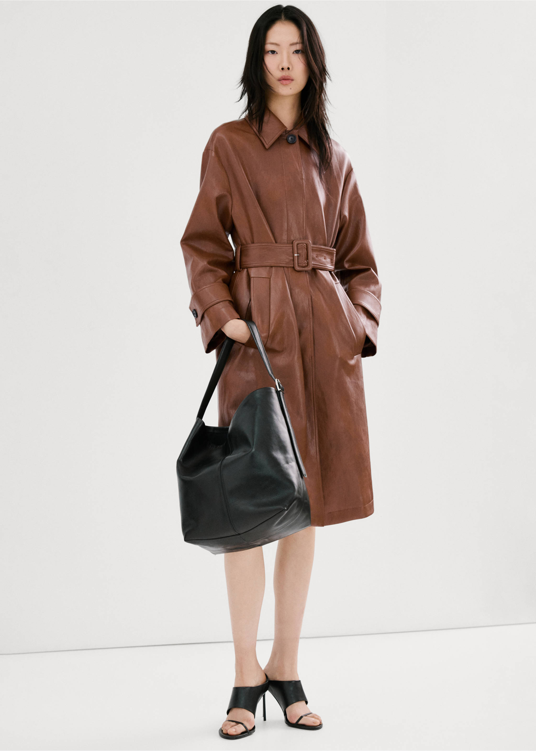 Long faux-leather trench coat with belt - General plane, Brown. Ref: 27084773-00.