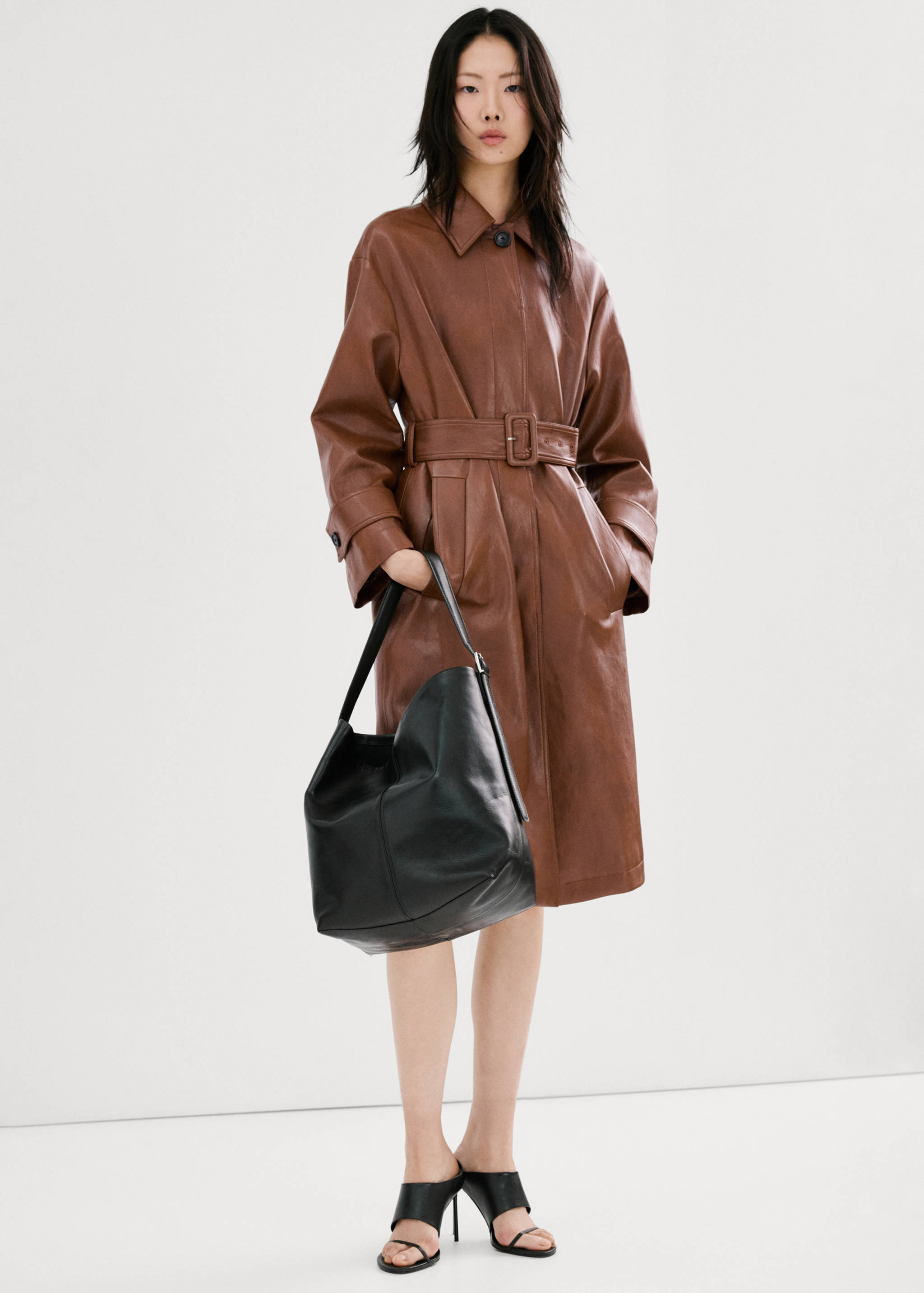 Long faux-leather trench coat with belt - General plane