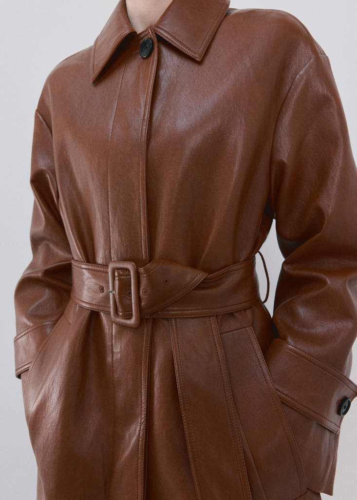 Long faux-leather trench coat with belt — Brown