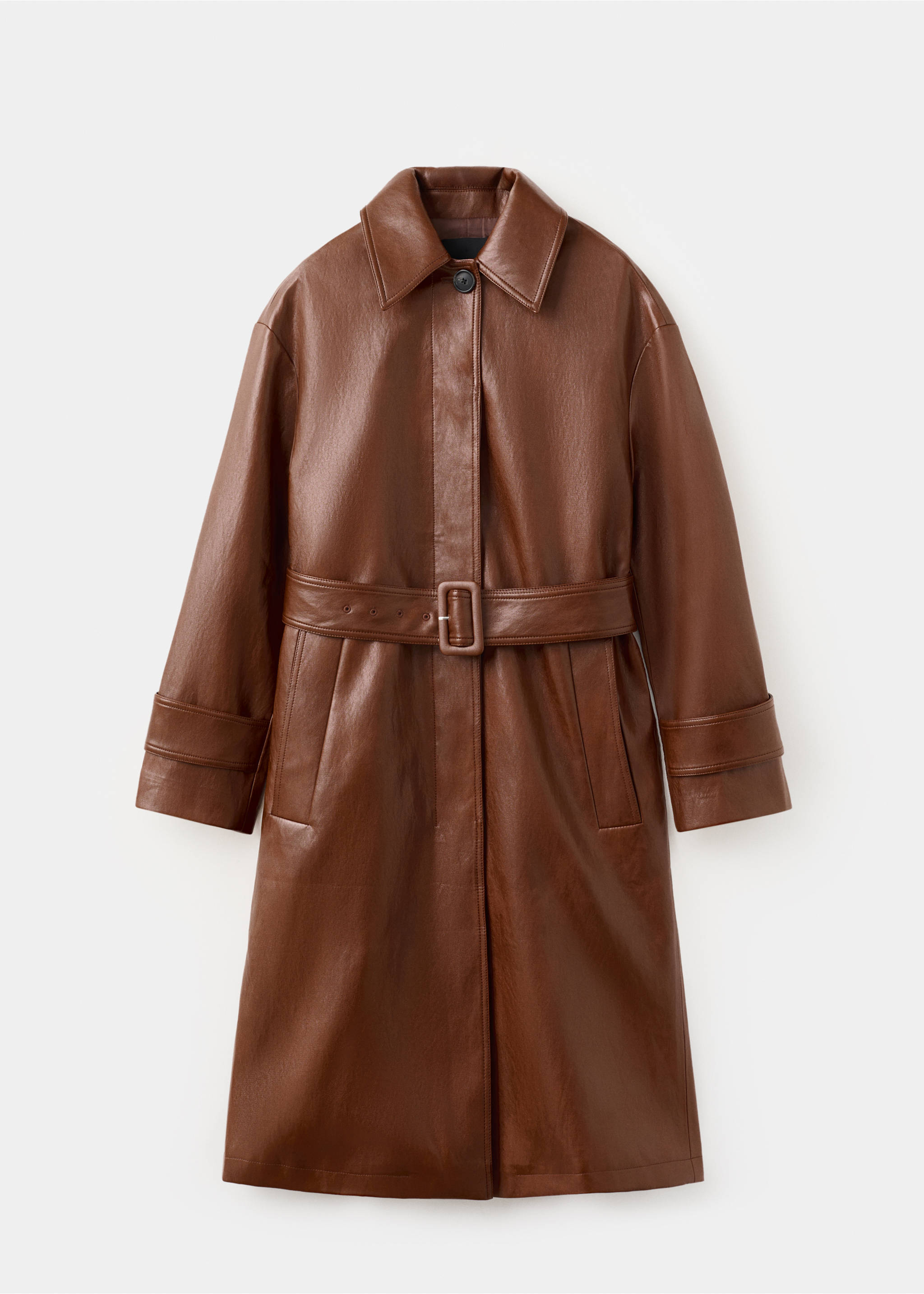Long faux-leather trench coat with belt - Article without model, Brown. Ref: 27084773-00.