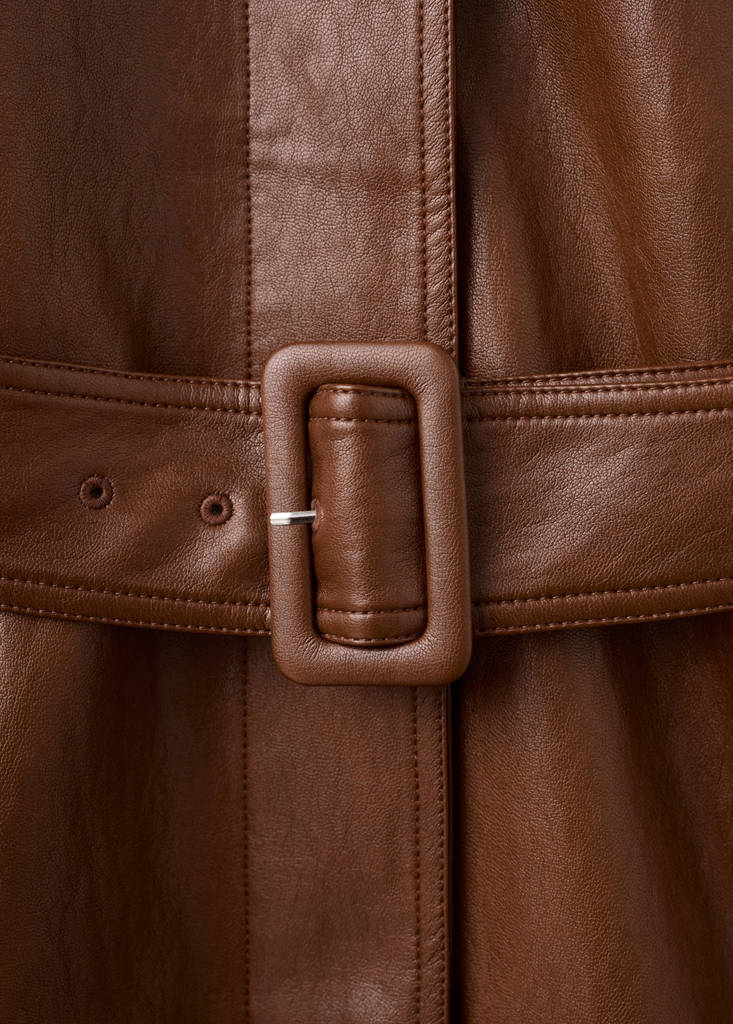 Long faux-leather trench coat with belt — Brown