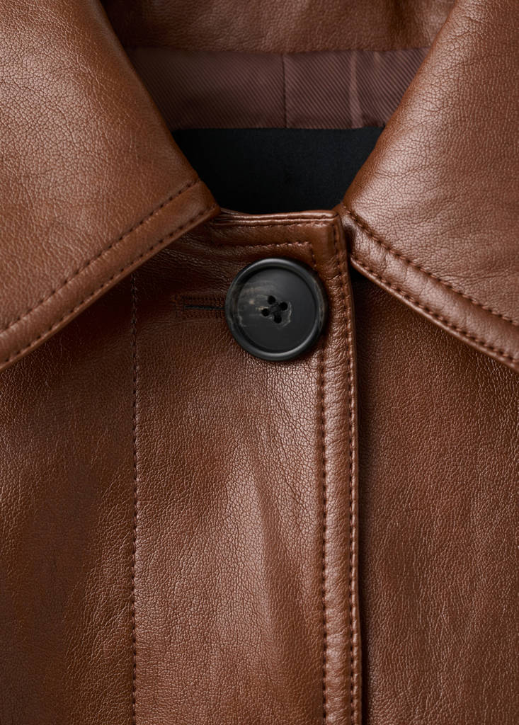 Long faux-leather trench coat with belt — Brown