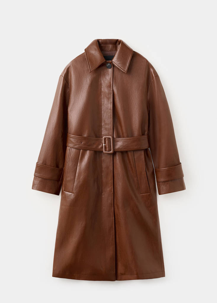 Long faux-leather trench coat with belt — Brown