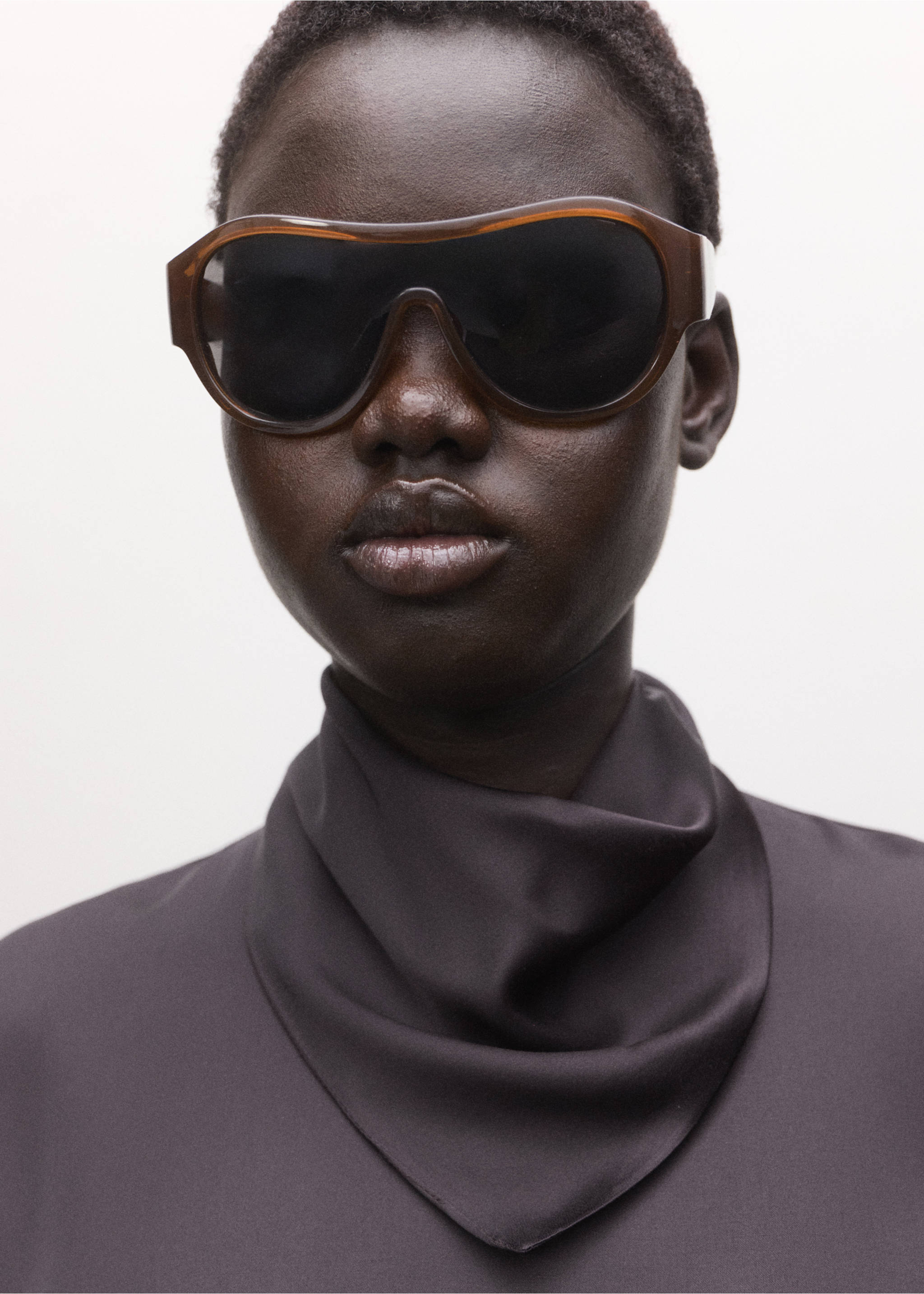 Satin blouse with a turtleneck - Details of the article 1, Brown. Ref: 27084786-00.