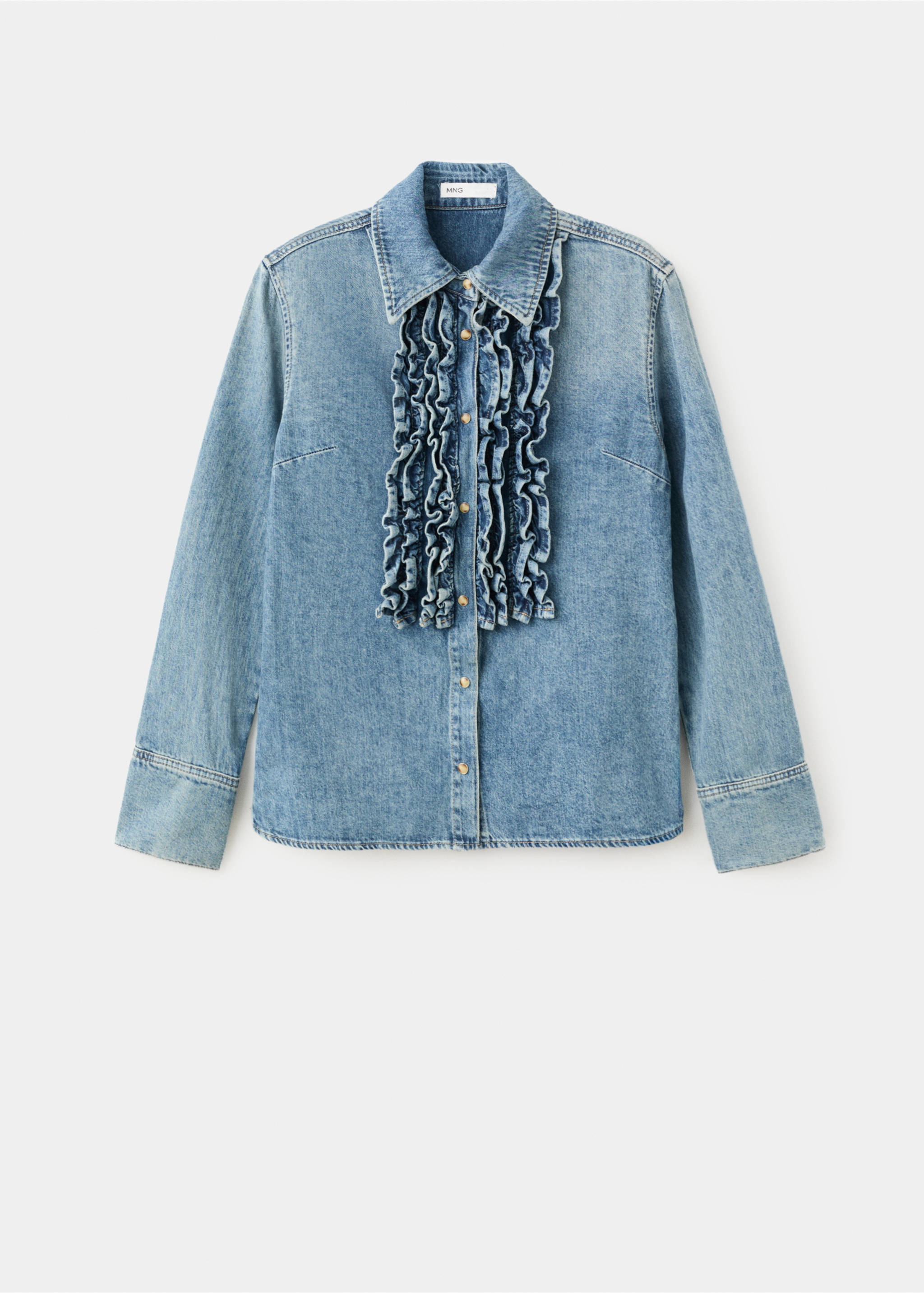 Frilled denim blouse - Article without model, Medium Blue. Ref: 27085840-00.