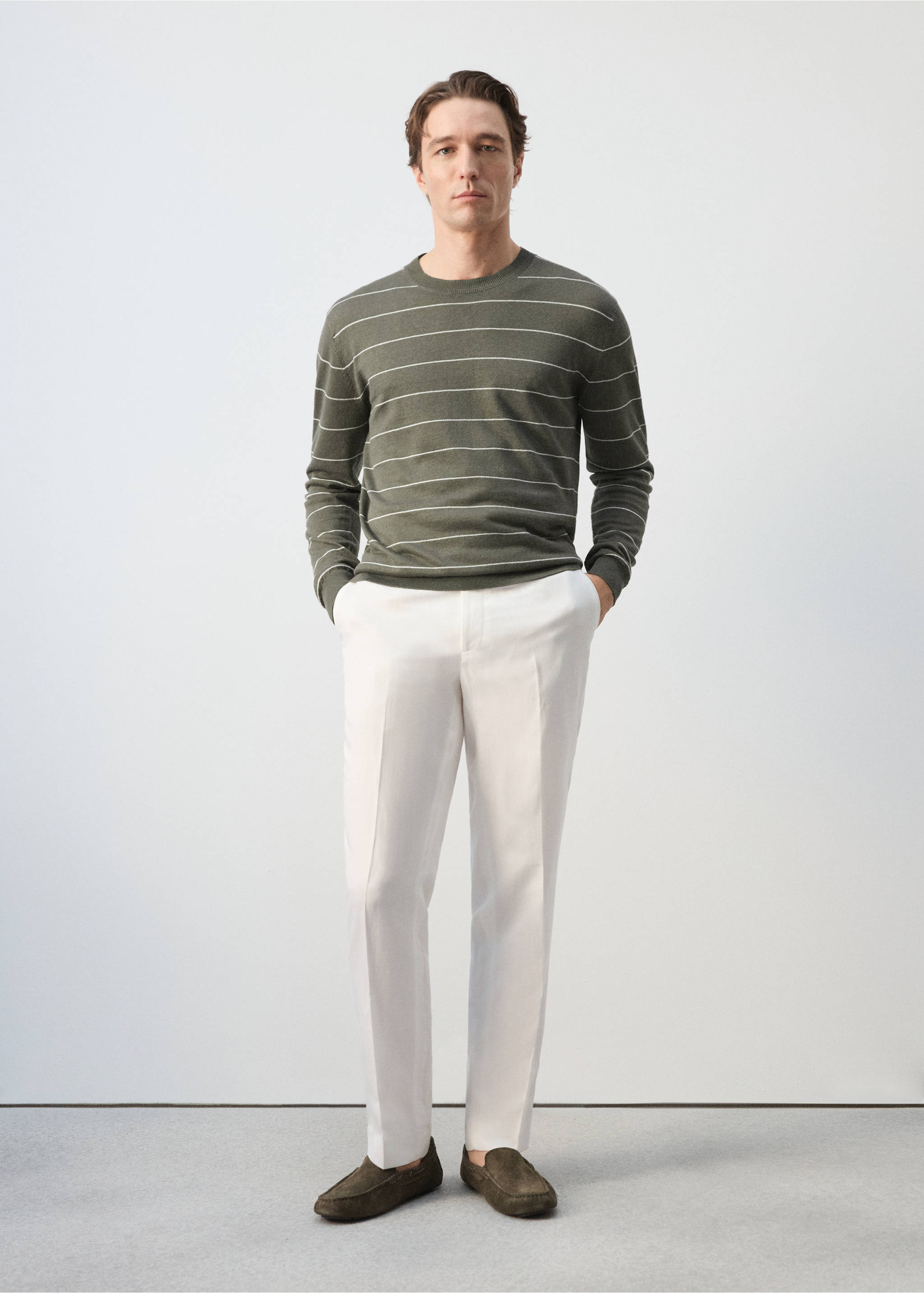 Jersey punto fino mezcla lino rayas - Plano general, Marrón medio. Ref: 27085938-00.