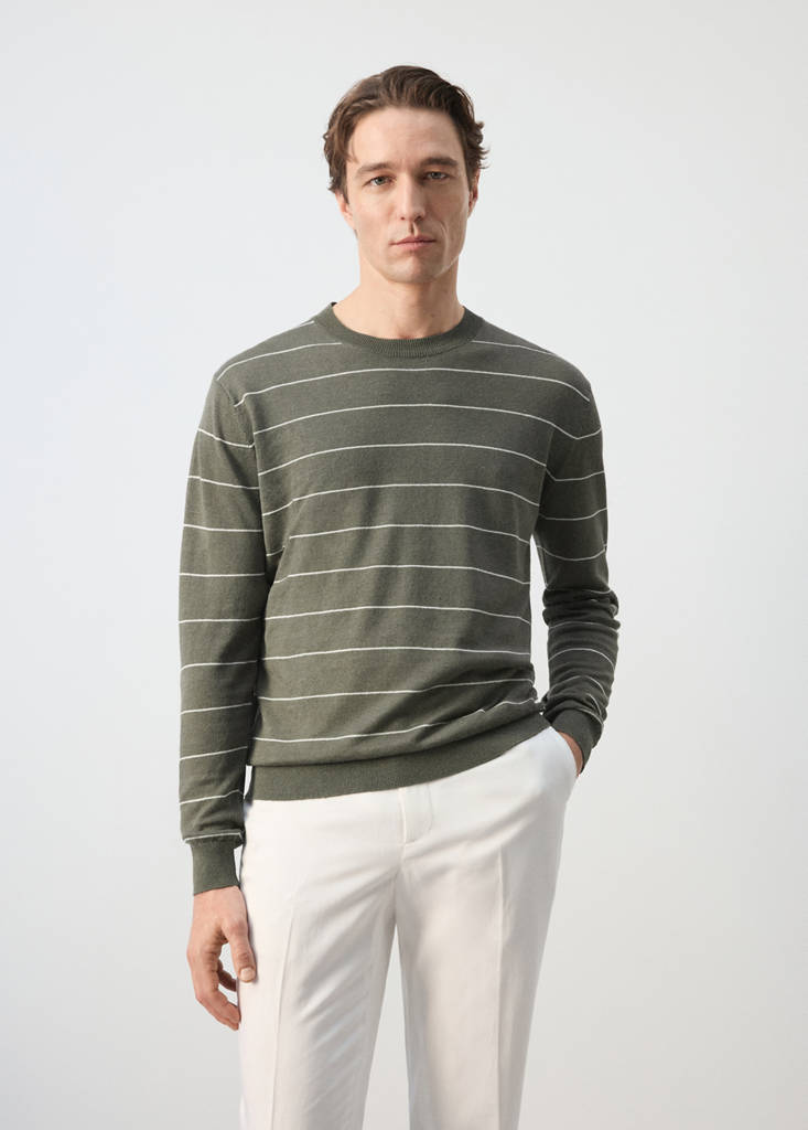 Linen blend fine knit striped jersey — Medium Brown