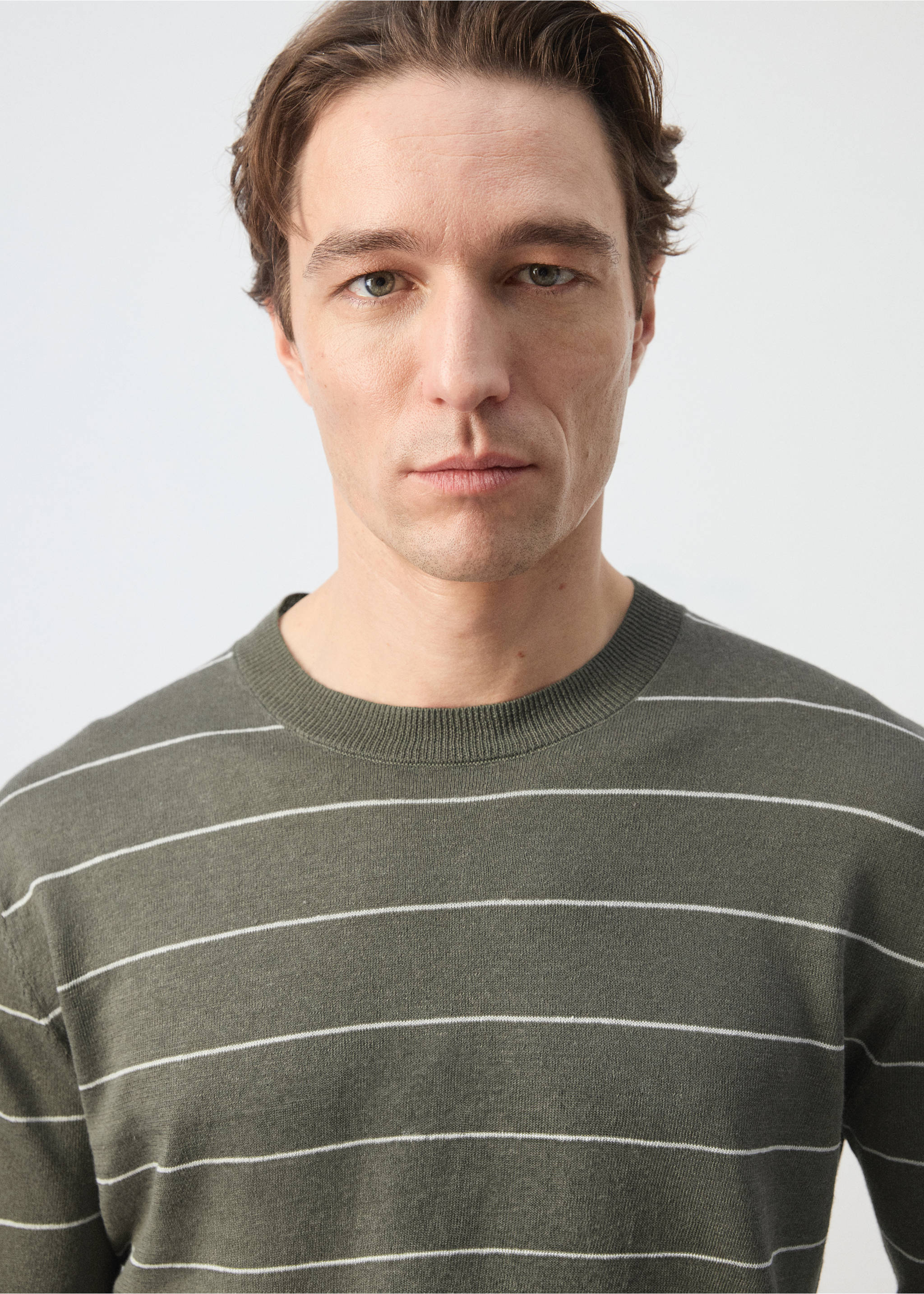 Jersey punto fino mezcla lino rayas - Detalle del artículo 1, Marrón medio. Ref: 27085938-00.