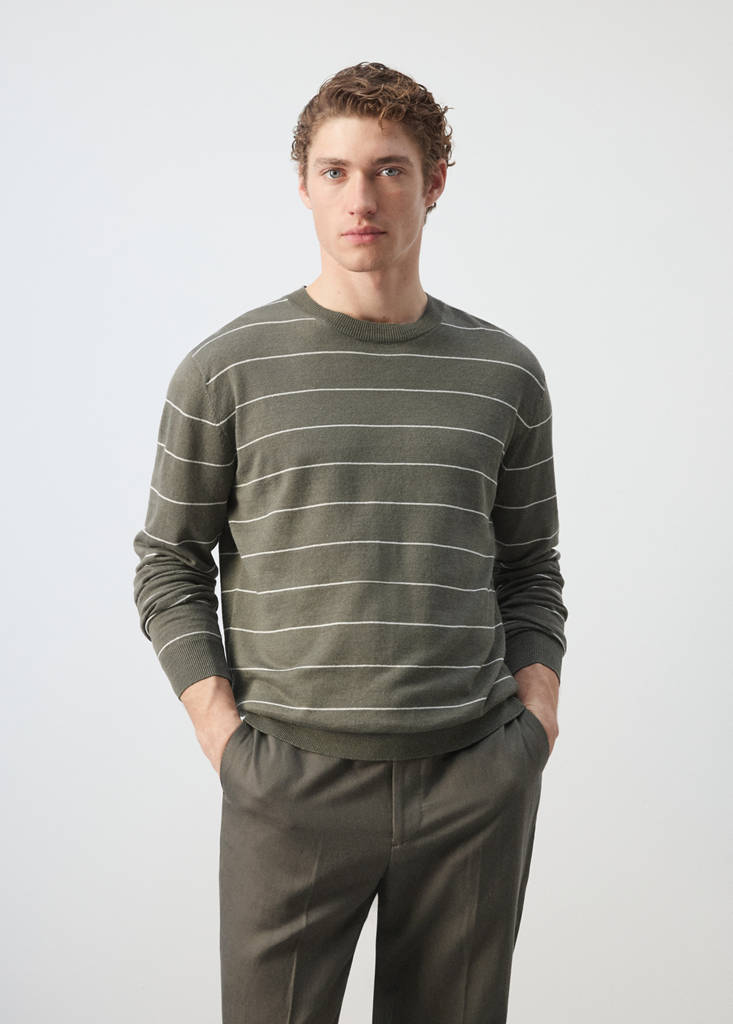 Linen blend fine knit striped jersey — Medium Brown