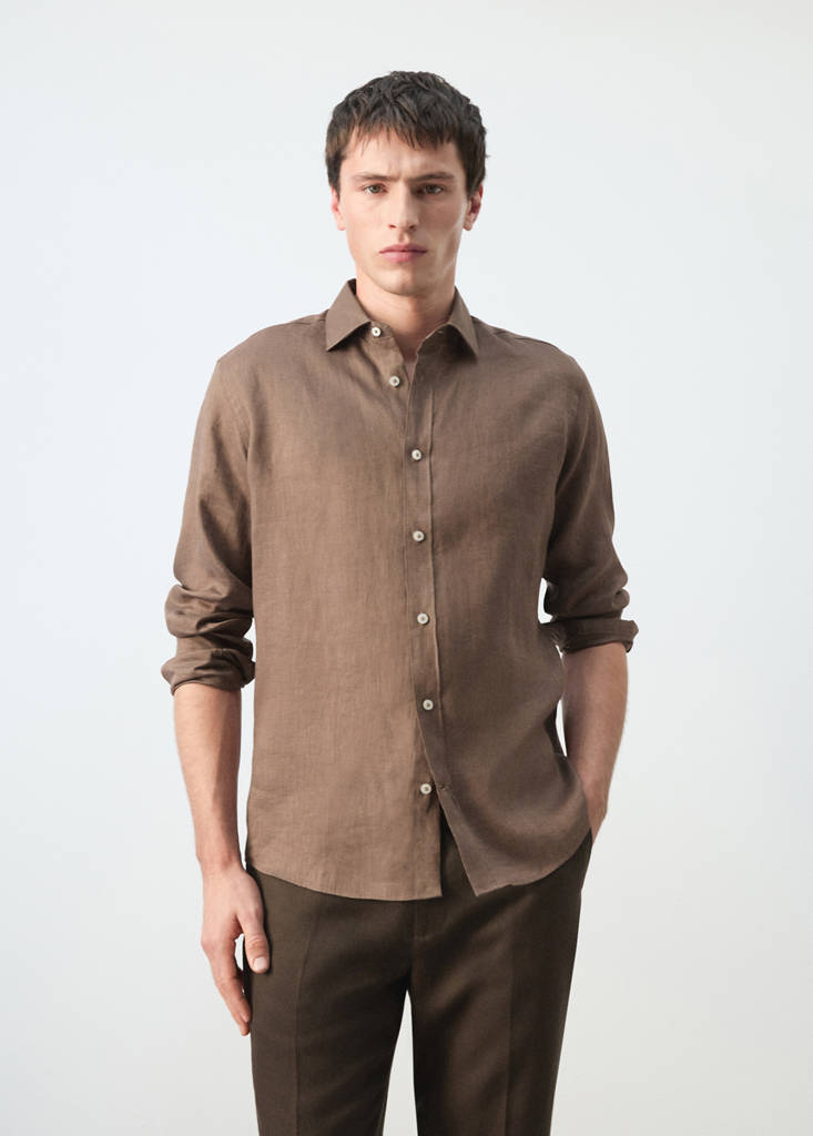 Regular-fit 100% linen shirt — Chocolate
