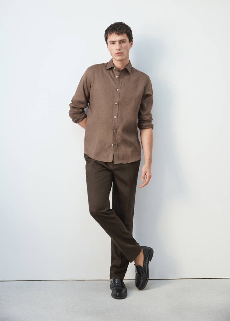 Regular-fit 100% linen shirt — Chocolate