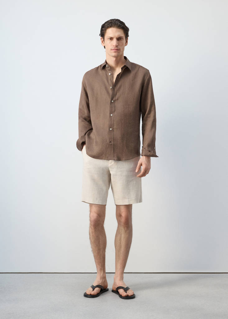 Regular-fit 100% linen shirt — Chocolate