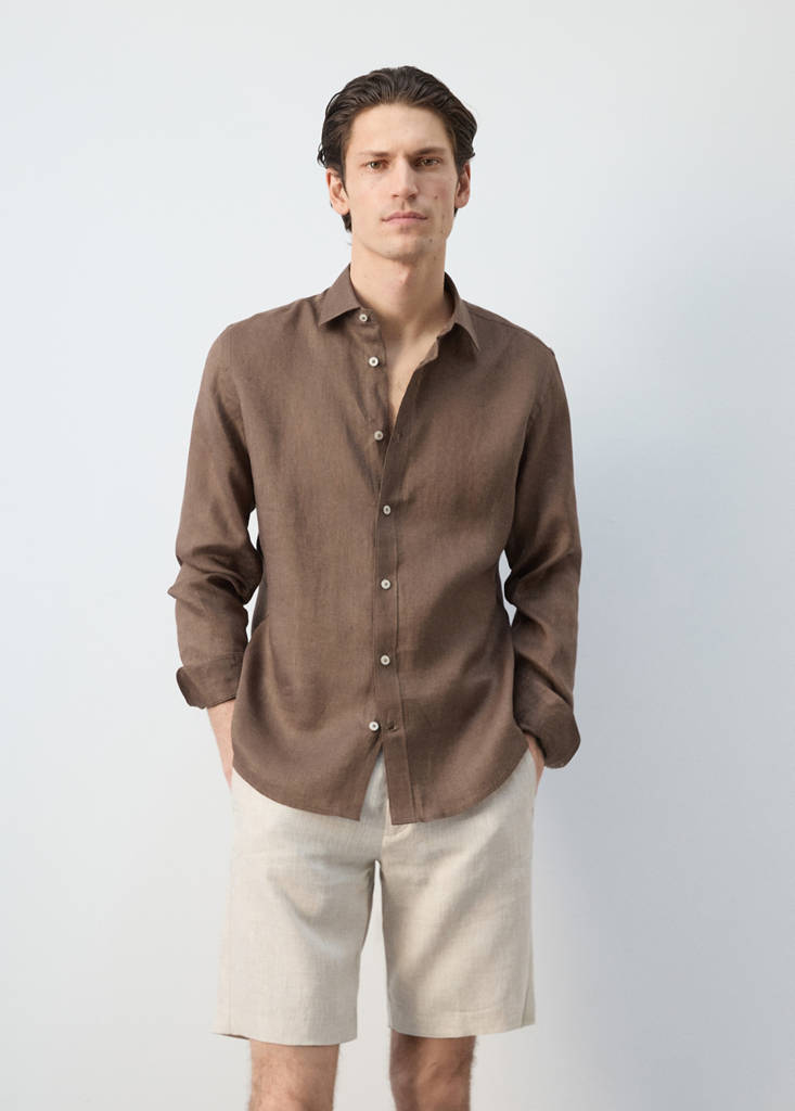 Regular-fit 100% linen shirt — Chocolate