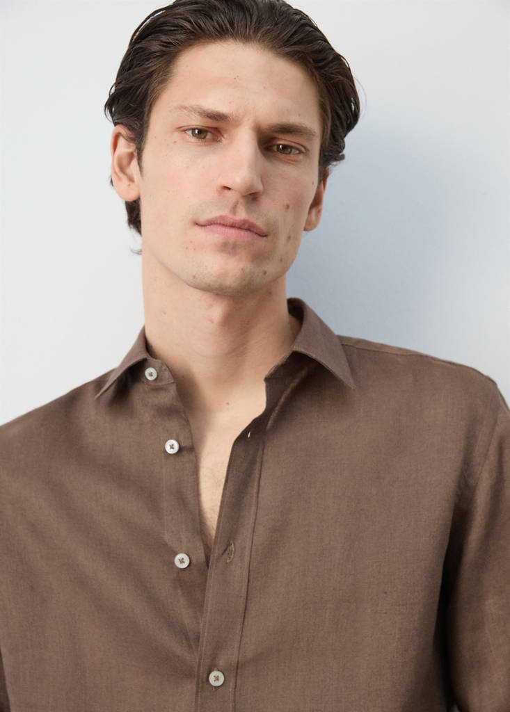 Regular-fit 100% linen shirt — Chocolate