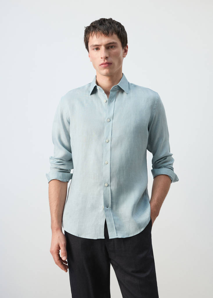 Regular-fit 100% linen shirt — China Blue