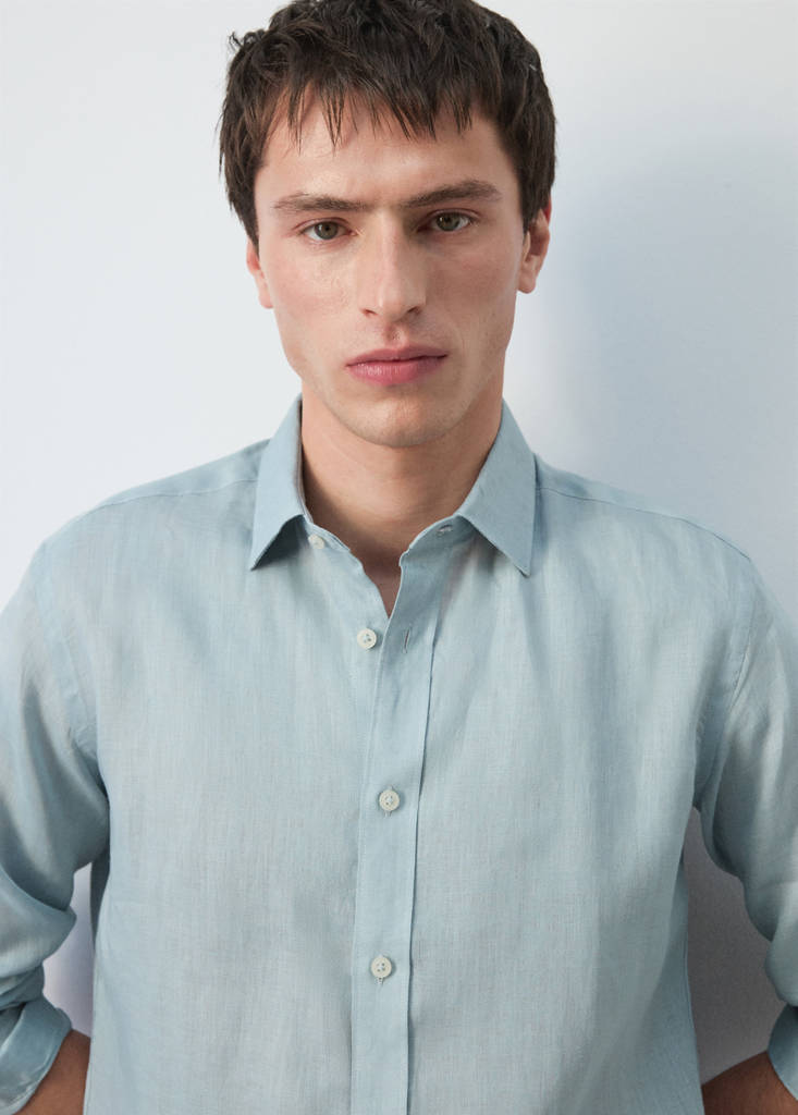 Regular-fit 100% linen shirt — China Blue