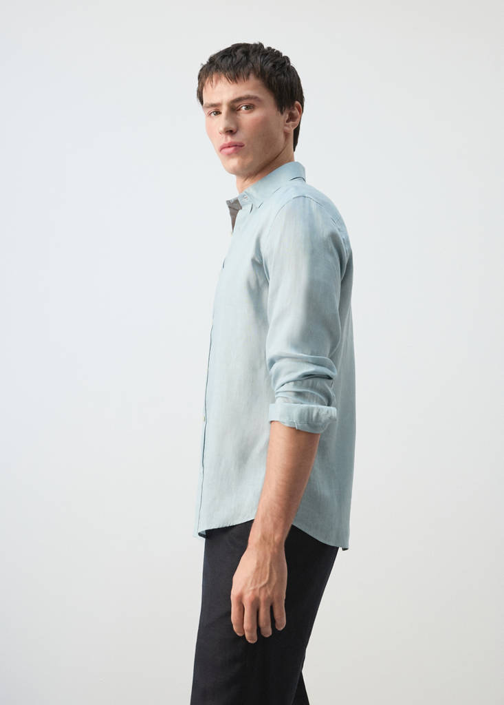 Regular-fit 100% linen shirt — China Blue